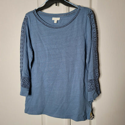 Charter Club Crochet-Inset Top Blouse 3/4-Sleeves Crew Neck Blue Size X-Small