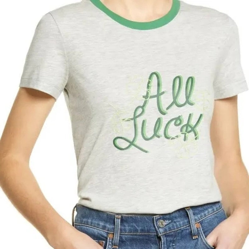 Halogen "All Luck" Embroidered St. Patrick's Day Tee Sz XXS/2X Small in Grey NWT