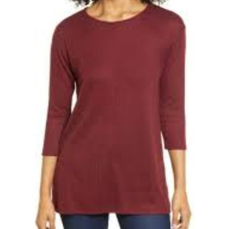 Bobeau 3/4 Sleeve Side Vents Ribbed Tunic Top Sz XS/Extra Small Windsor Wine NWT