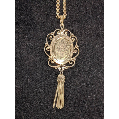 Whiting Davis Vintage Amber Cameo Pendant Gold Tone Necklace Tassel 21"