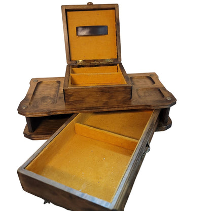 MCM tabletop valet Jewelry box Trinket Box Wood Rattan Vintage Watches rings