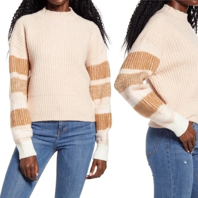 Topshop Womens Pullover Fuzzy Mock Knit Sweater Sz 4-6 Tan/Cream/Pink Stripe NWT