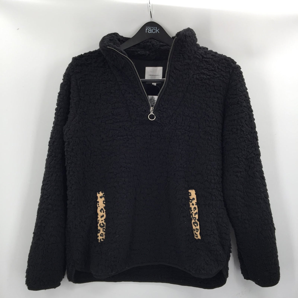 Thread & Supply Kangaroo Pouch Cozy Fleece Pullover 1/2 Zip Jacket Black/Leopard