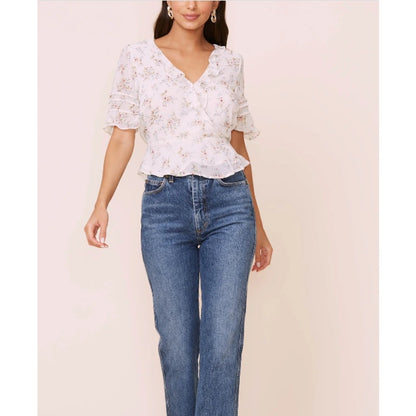 Astr Ivory Floral Small Faux Wrap Front Ruffle NWT Blouse Top Shirt Spring