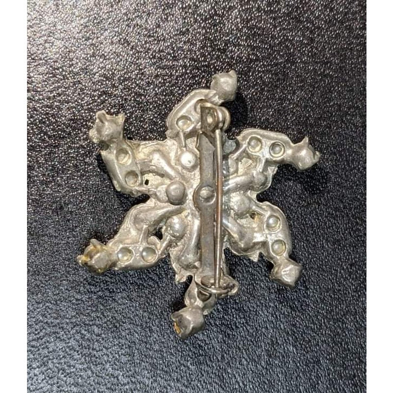 Vintage Mid-Century Faux Pearl Rhinestone Starburst Swirl Brooch Pin Silver Tone
