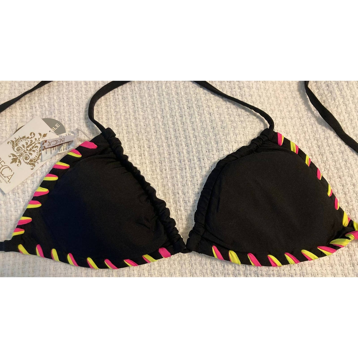 Becca Swim Reversible Triangle Sliding String Halter Bra Sz D Black Multi NWT