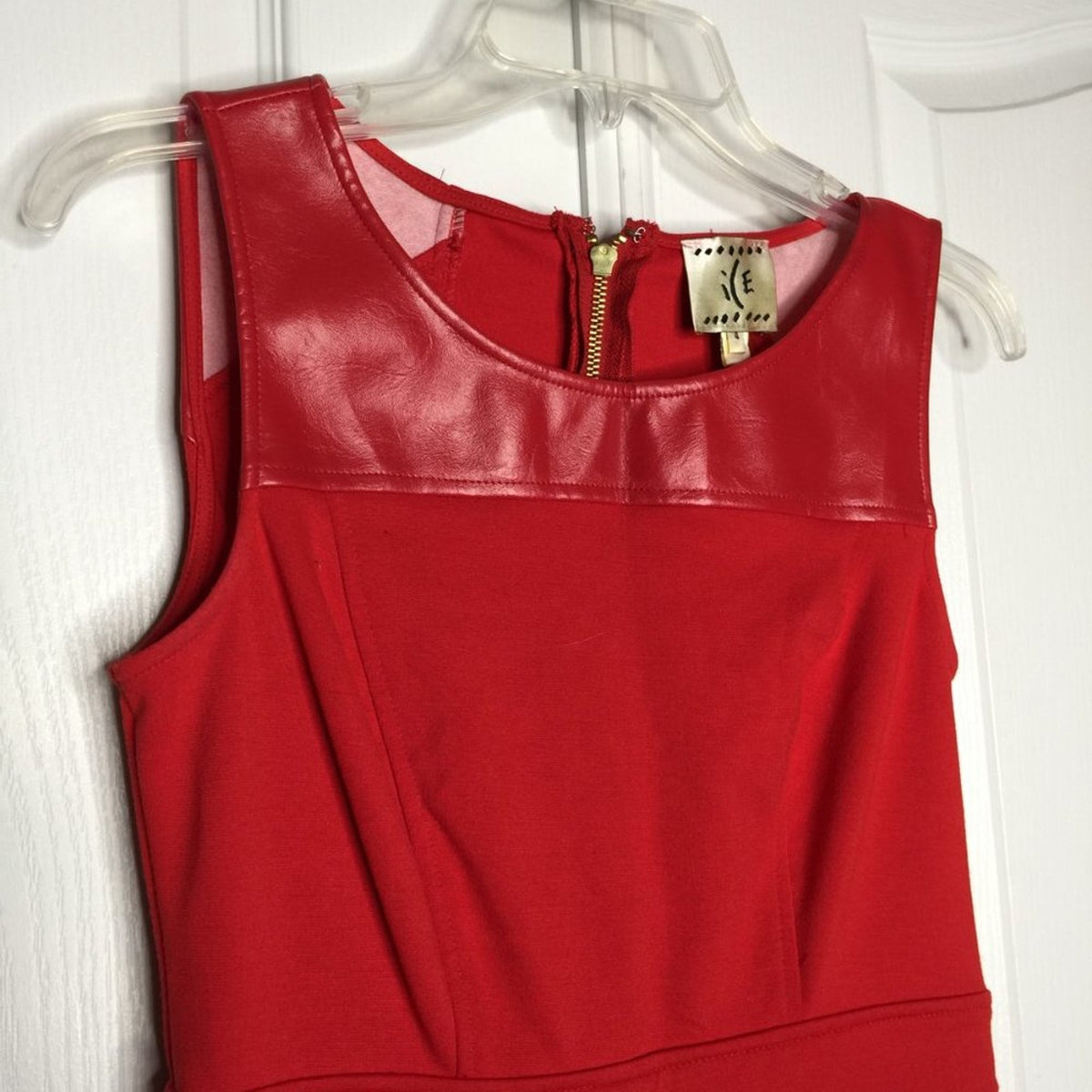 ICE  Sheath Dress Sleeveless Faux Leather Scoop Neck Back Zip Solid Red Size 4