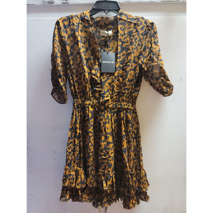 NICHOLAS Leopard Print Neck Tie MINI Flare Ruffle Dress SIZE 4 Blk/brown NEW