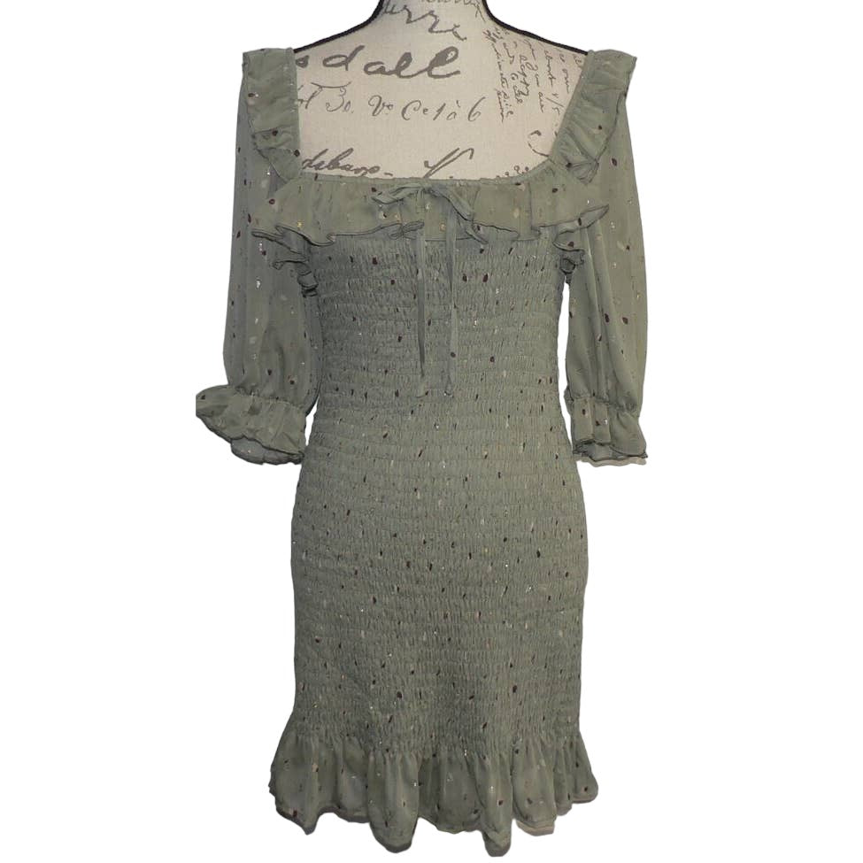 Row A Square Neck Mini Dress Size Medium Sage Green NEW Smocked Ruffled Sheath