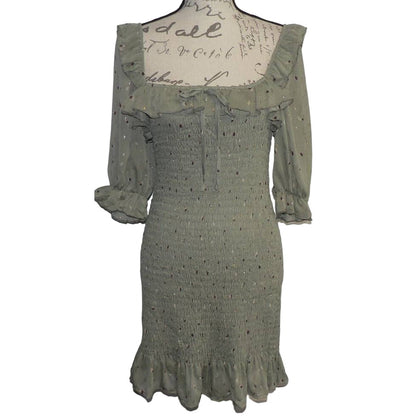 Row A Square Neck Mini Dress Size Medium Sage Green NEW Smocked Ruffled Sheath
