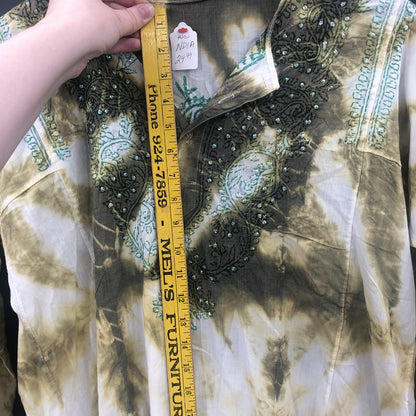 Vintage Tie Dye Sequin Embroidered Long Sleeve Tunic Top Green White Boho MEDIUM