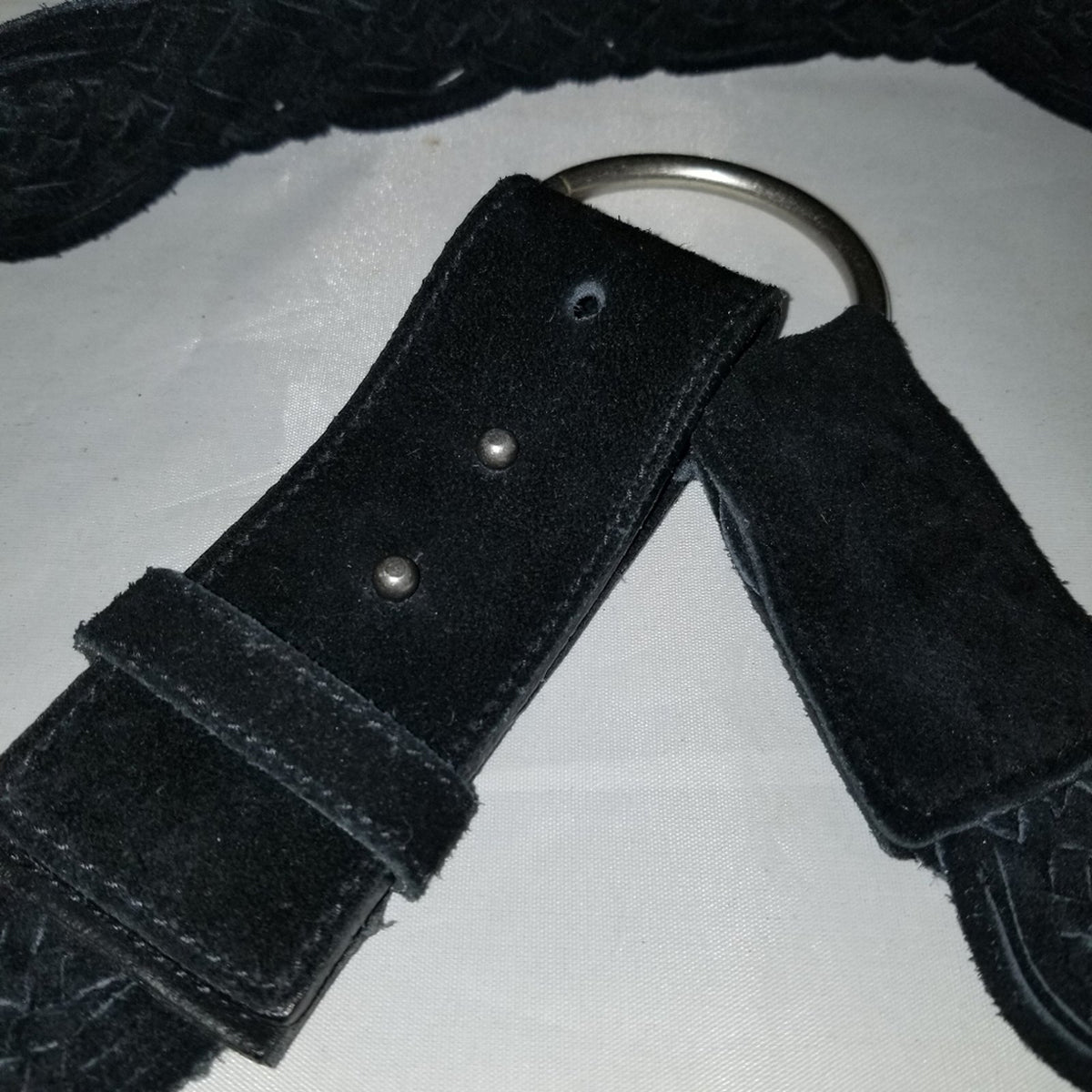 Vintage Black Suede Braided Basketweave Boho Chic O-Ring Wide Belt Large