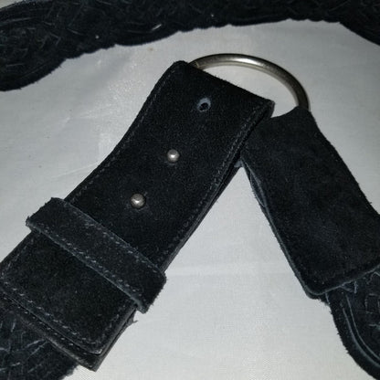 Vintage Black Suede Braided Basketweave Boho Chic O-Ring Wide Belt Large