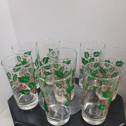 Indiana Glass 8 Christmas Holly Decorated Crystal Beverage Tumbler 8oz Highball