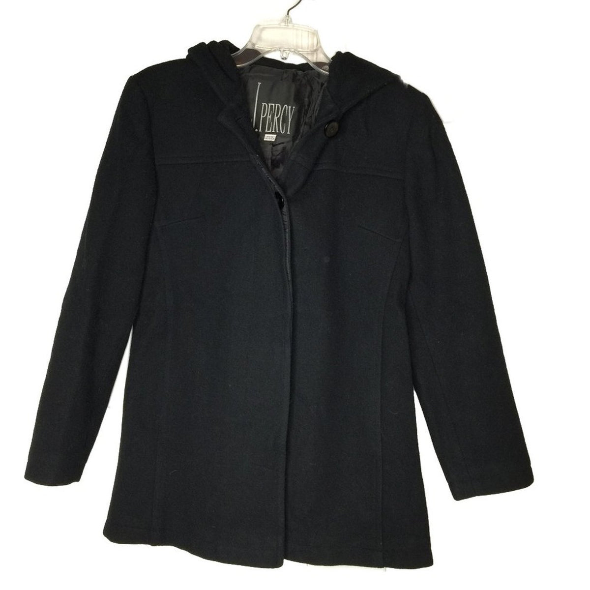 J. Percy Coat VINTAGE Wool Hooded Button Down Jacket Long Sleeve Black Small