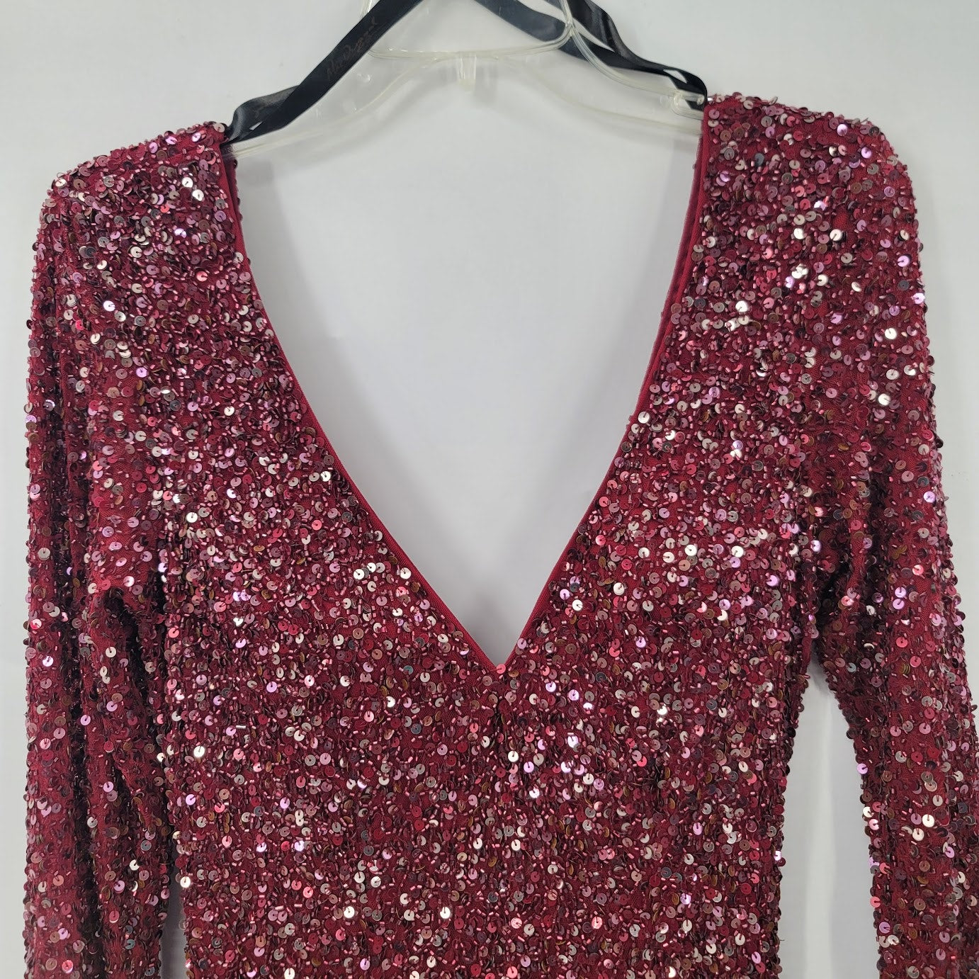 Mac Duggal Sequin Maxi Gown Dress Front slit long sleeve Evening Wine Back Zip