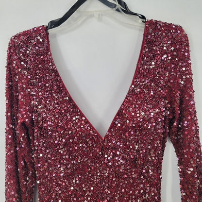 Mac Duggal Sequin Maxi Gown Dress Front slit long sleeve Evening Wine Back Zip