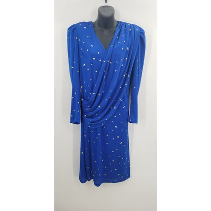 Vintage Nancy Bracoloni Size 14 Blue Gold Cocktail Dress Long Sleeve Sash Detail