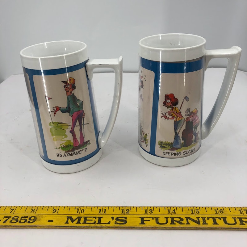 Thermo Serv Insulated Vintage 2 Plastic Mugs Tall Golf Humor Funny Pair