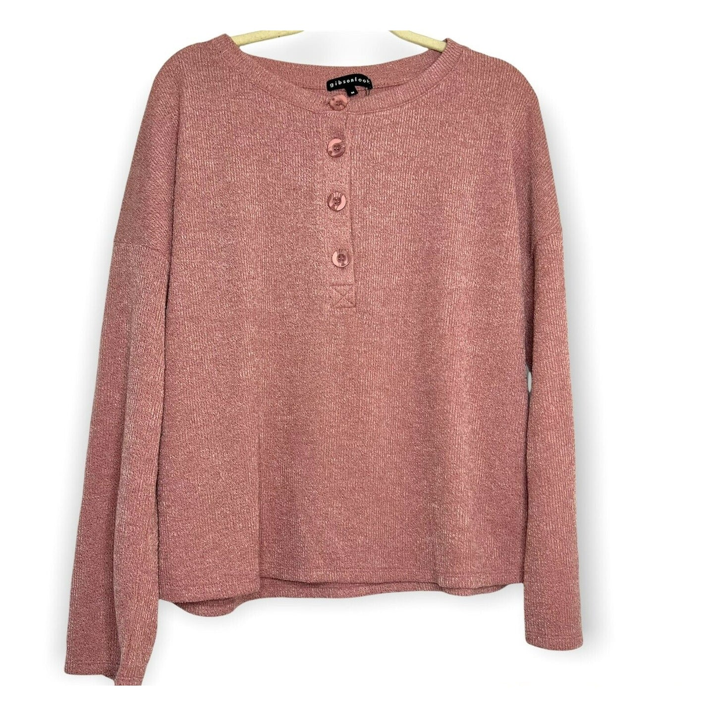 Gibsonlook Long Sleeve Ribbed Knit Henley Top Sz Small Pink NWT