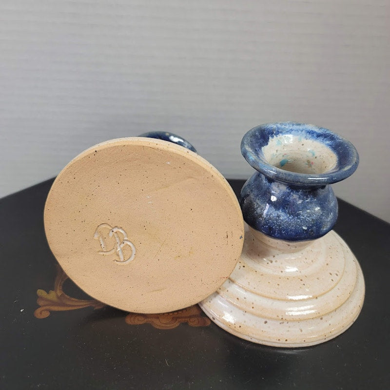 Vintage Handmade Blue Drip Glaze Candlestick Holders – Set of 2