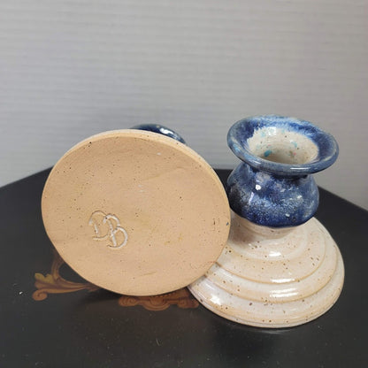 Vintage Handmade Blue Drip Glaze Candlestick Holders – Set of 2