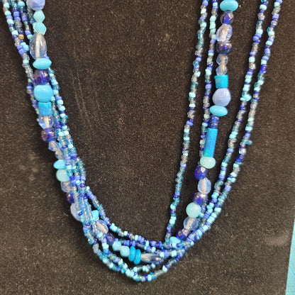 Vintage Costume Jewelry Fashion Multi Strand Beaded Blue Necklace Glass Stone