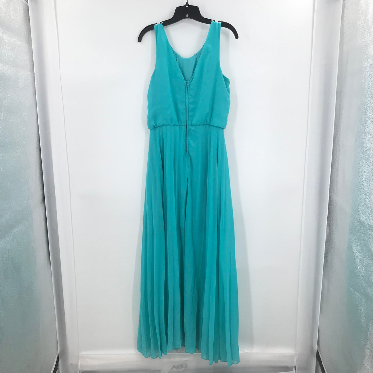 Pompous Girly Sleeveless Back Zip Pleated Maxi Dress Round Neck Turquoise Large