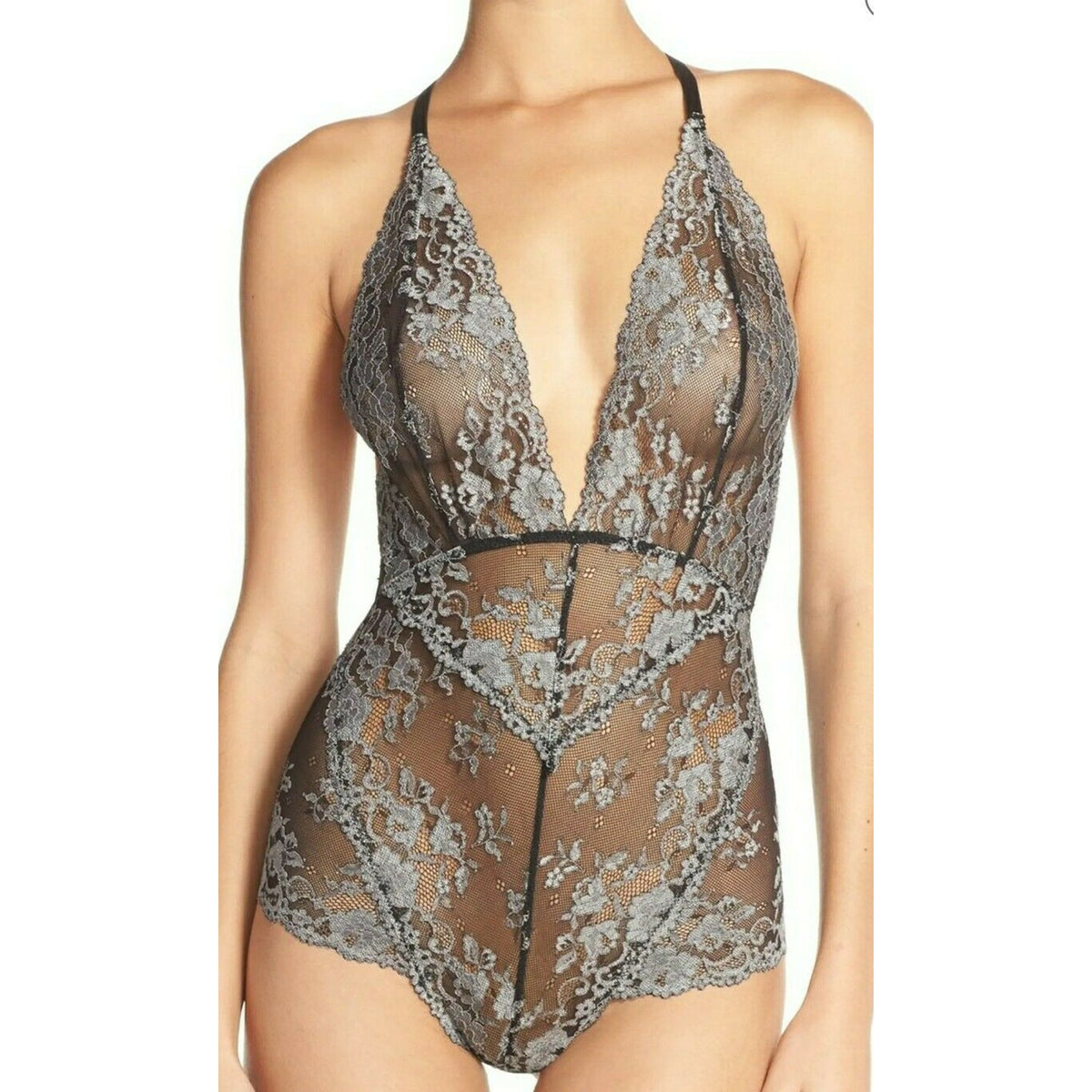 Free People Intimately Too Cute Bodysuit Charcoal Small NWT Mesh Lace