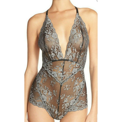 Free People Intimately Too Cute Bodysuit Charcoal Small NWT Mesh Lace