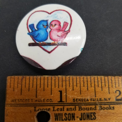 Vintage Metal Button Pin Lovebirds Blue Pink Brooch Costume Jewelry