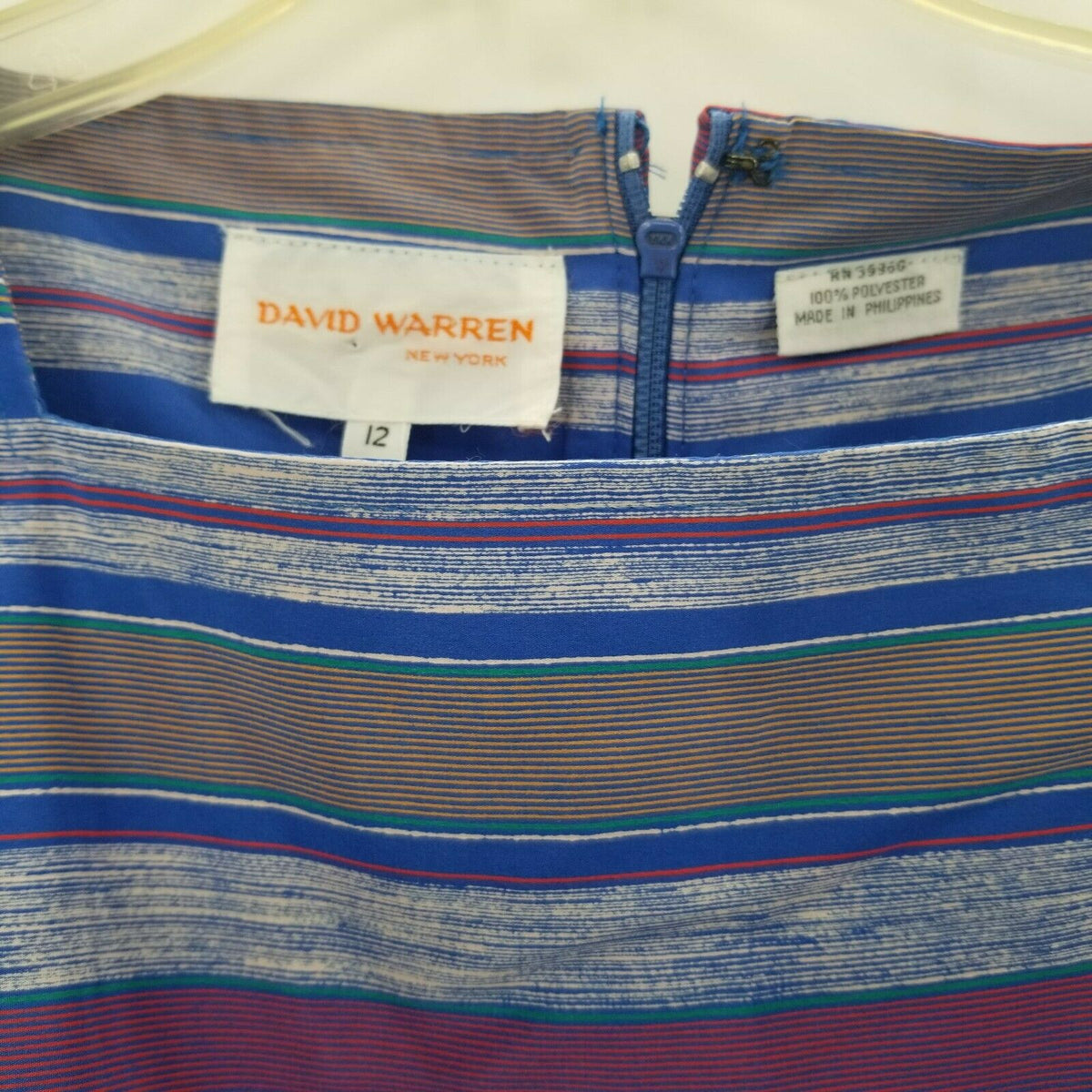 David Warren Striped Tie Waist Belt Dress Long Puff Sleeves Square Neck VTG 12