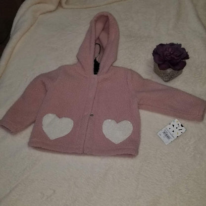 Harper Canyon Fluffy Heart Hooded Jacket Long Sleeve Snap Button Pink 12 Months