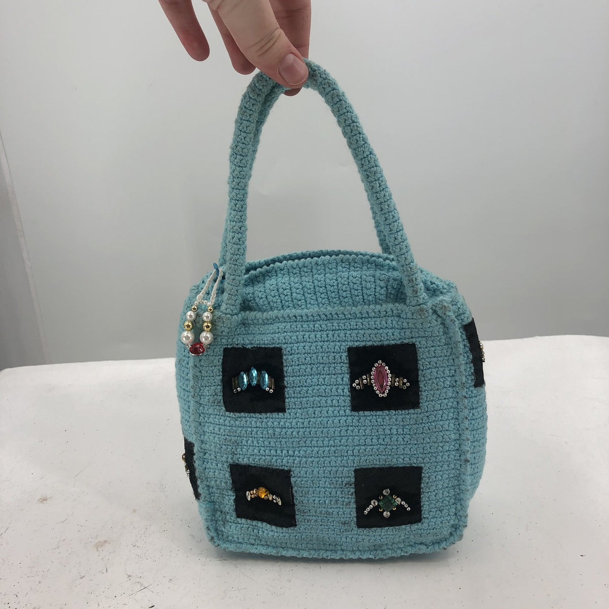 Vintage Unbranded Womens Handmade Crochet Knitted Tote Bag Turquoise Small
