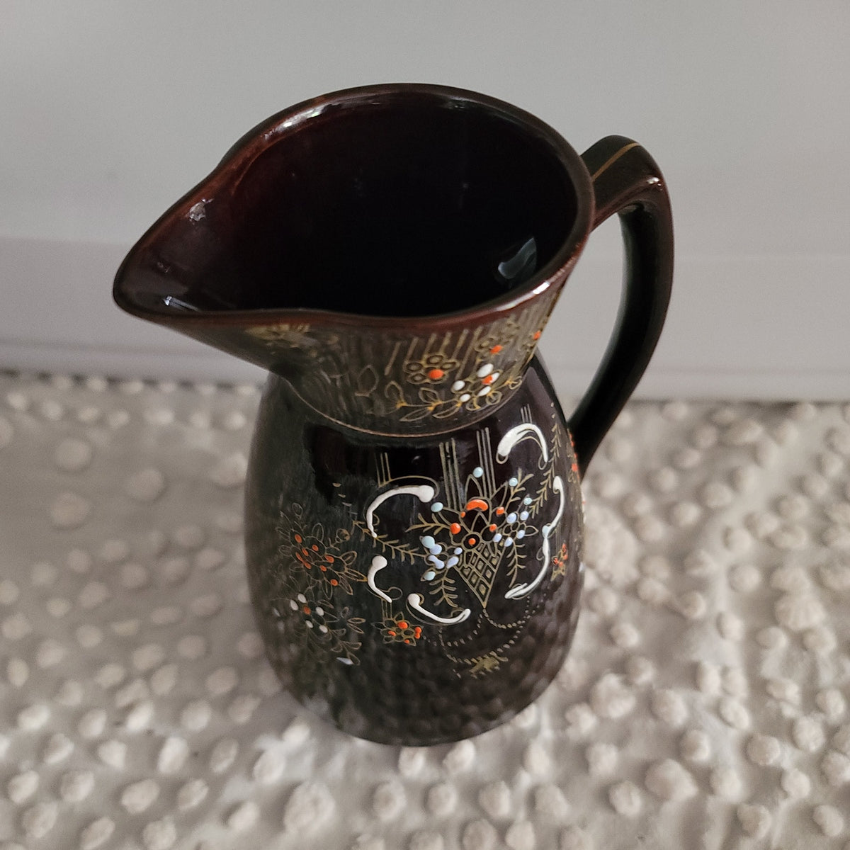 Vintage Chocolate Brown Hand Painted Moriage 7 inch Tall Redware Pitcher