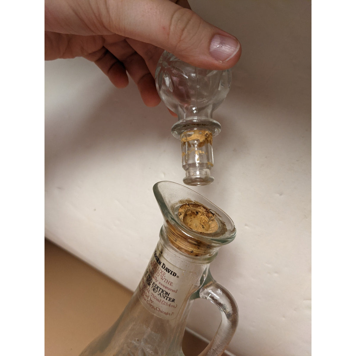 Vintage Mogen Wine Decanter Clear Pressed Glass with Stopper Label Attached