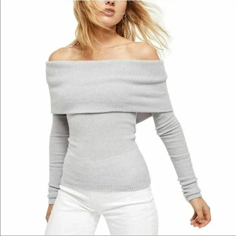 Leith Off Shoulder Stretchy Soft Rib Knit Sweater Sz XL/Extra Large Grey NWT