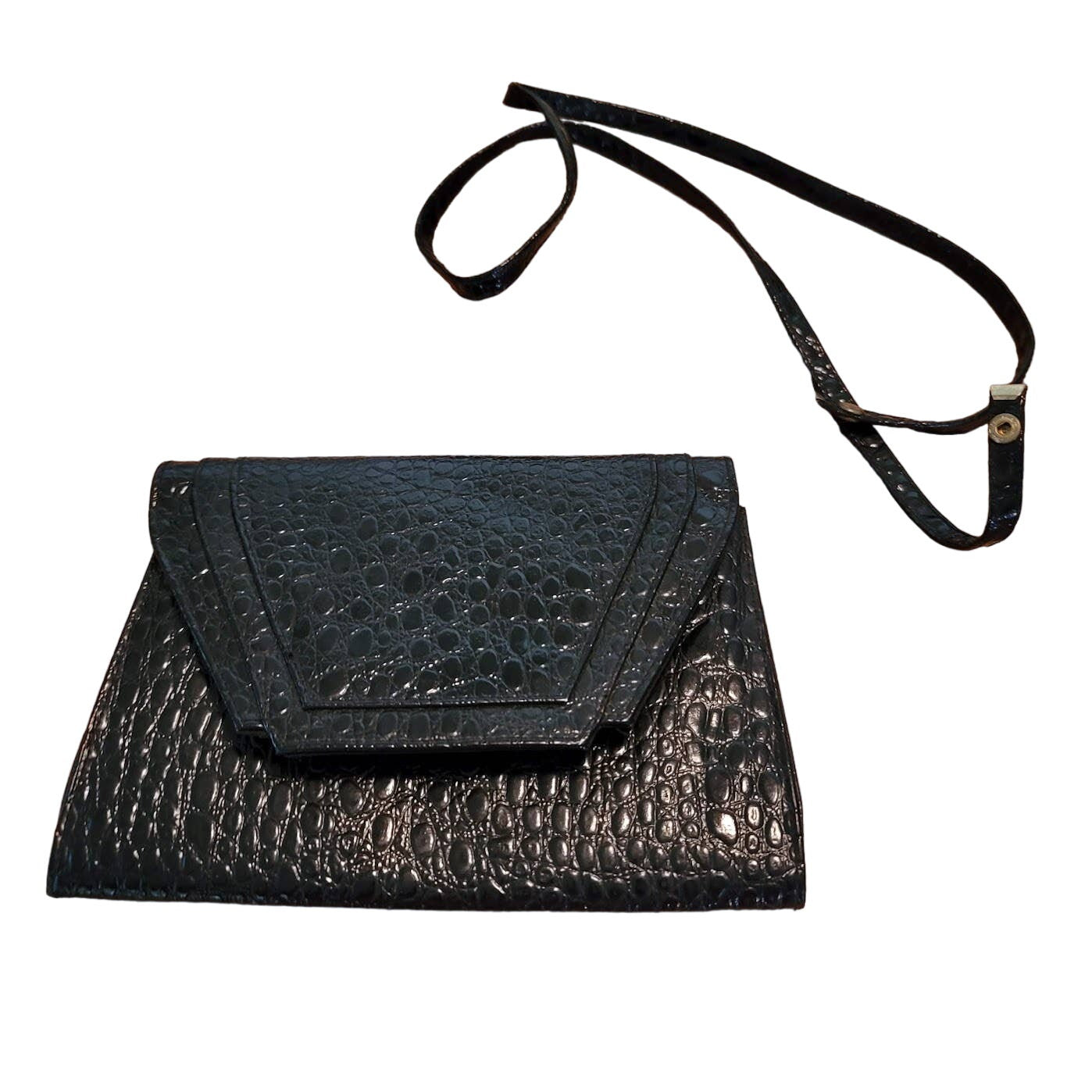 Vintage Black Faux Alligator Clutch Shoulder Bag Mid-Century Modern Glam