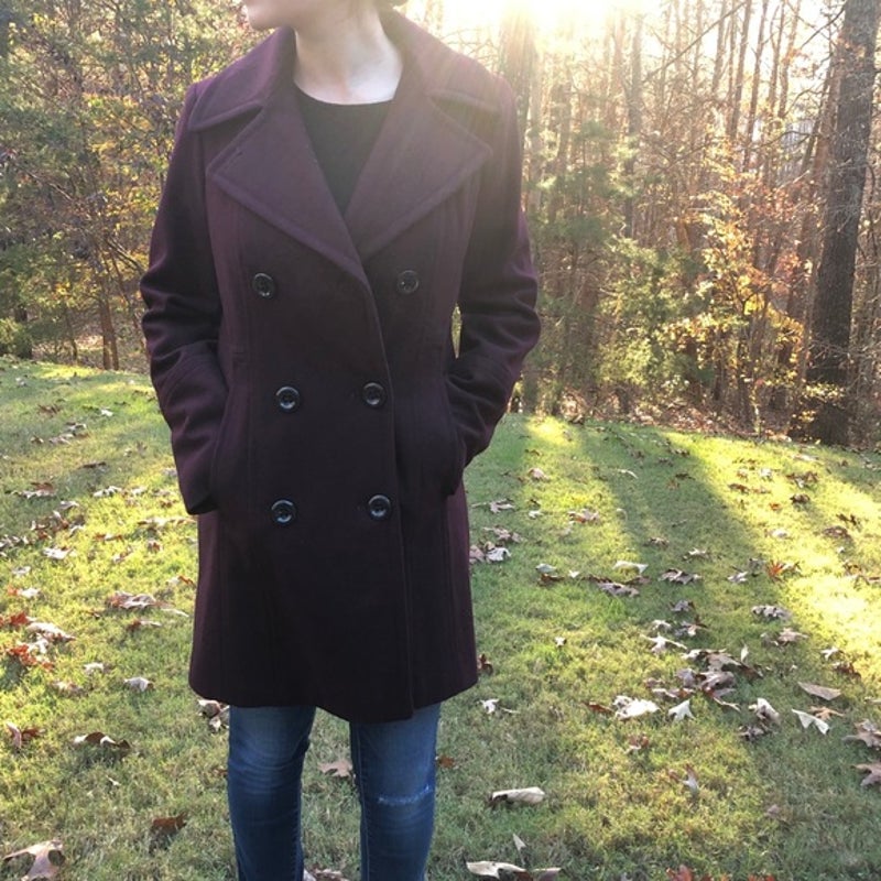 Anne Klein NWT Merlot Double Breasted Peacoat Jacket Size Small Wine 6 button