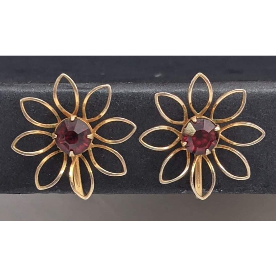 Vintage Signed BN Barnum Niles Gold Wire Flower Red Rhinestone Clip On Earrings