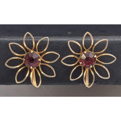 Vintage Signed BN Barnum Niles Gold Wire Flower Red Rhinestone Clip On Earrings