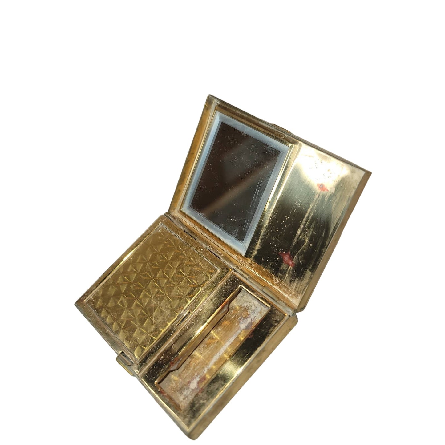 Vintage Vanity powder lipstick mirror metal case 1950s Goldtone floral etched