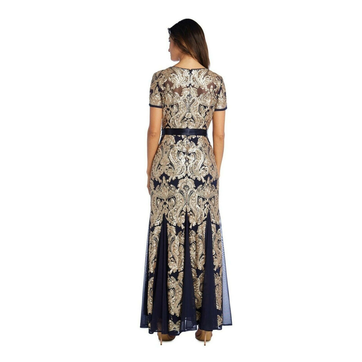 Evening Gown with Fishtail Sequins Dress Short Sleeves Round Neck Navy Gold 16