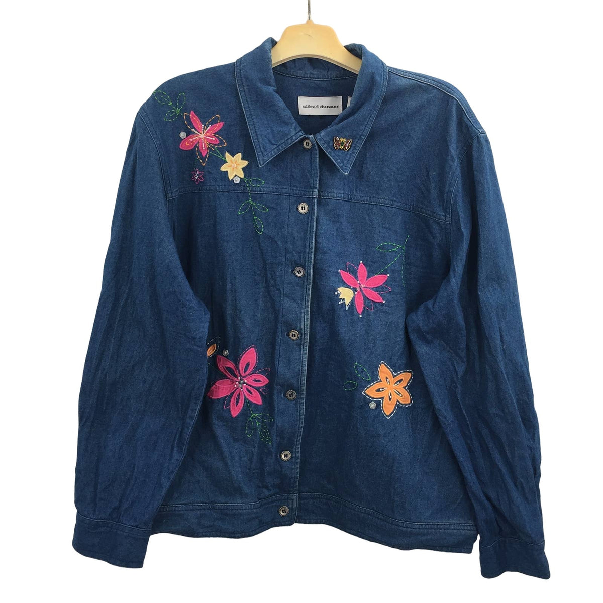 Alfred Dunner Embroidered  Flowers Denim Jacket Long Sleeves Blue Size 16