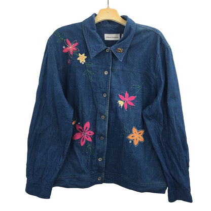 Alfred Dunner Embroidered  Flowers Denim Jacket Long Sleeves Blue Size 16