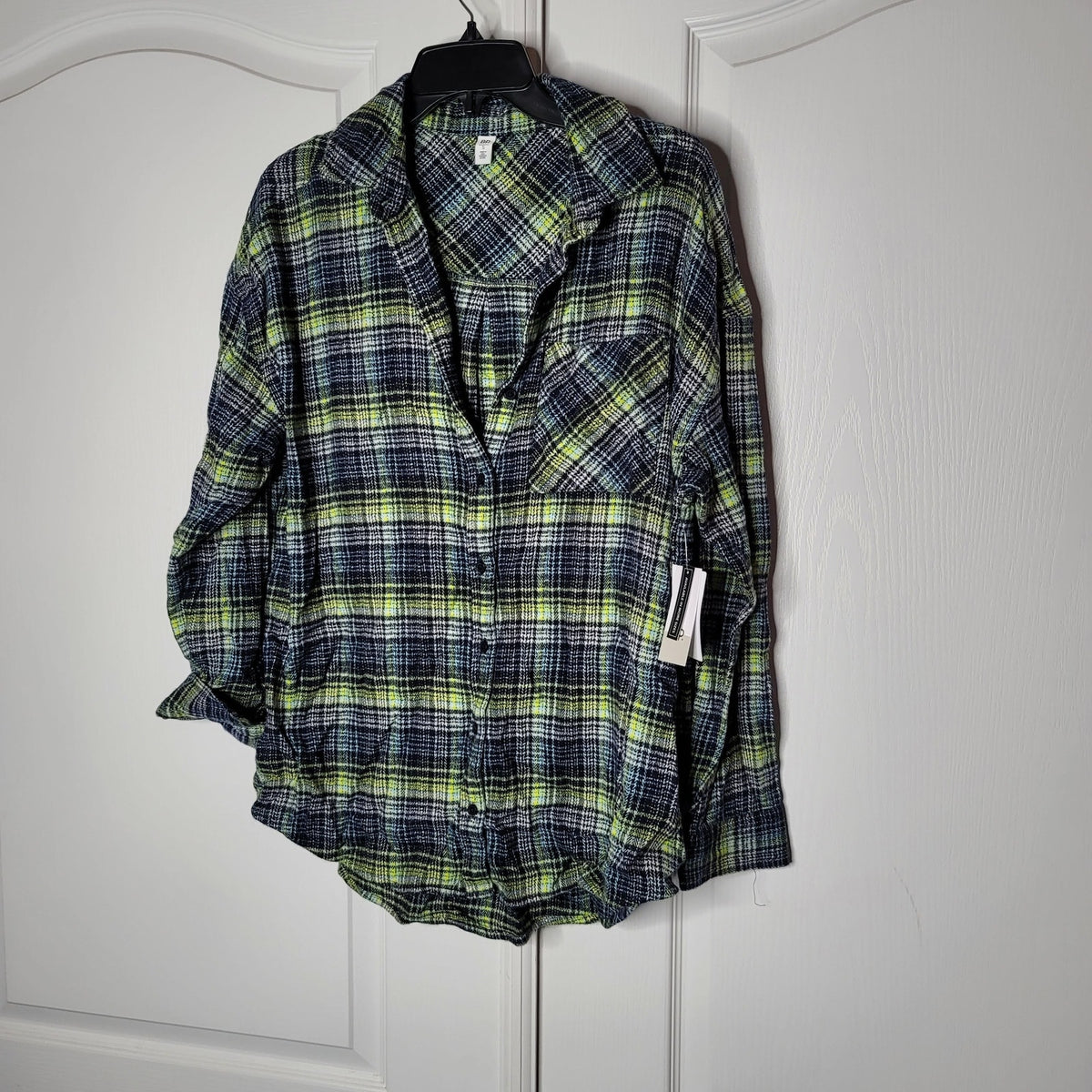 BP. Boyfriend Plaid Button-up Shirt Veronika Plaid Collared Neck Navy Multi SZ S