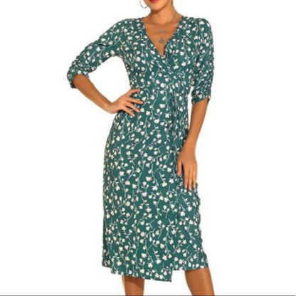 Sucrefas Cyanine Floral V-neck Wrap Dress Size Medium