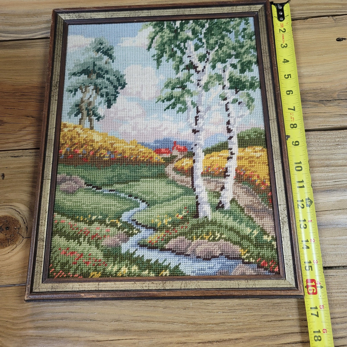 Vintage Cross Stitch Embroidery Old Country Little Church In The Woods Framed