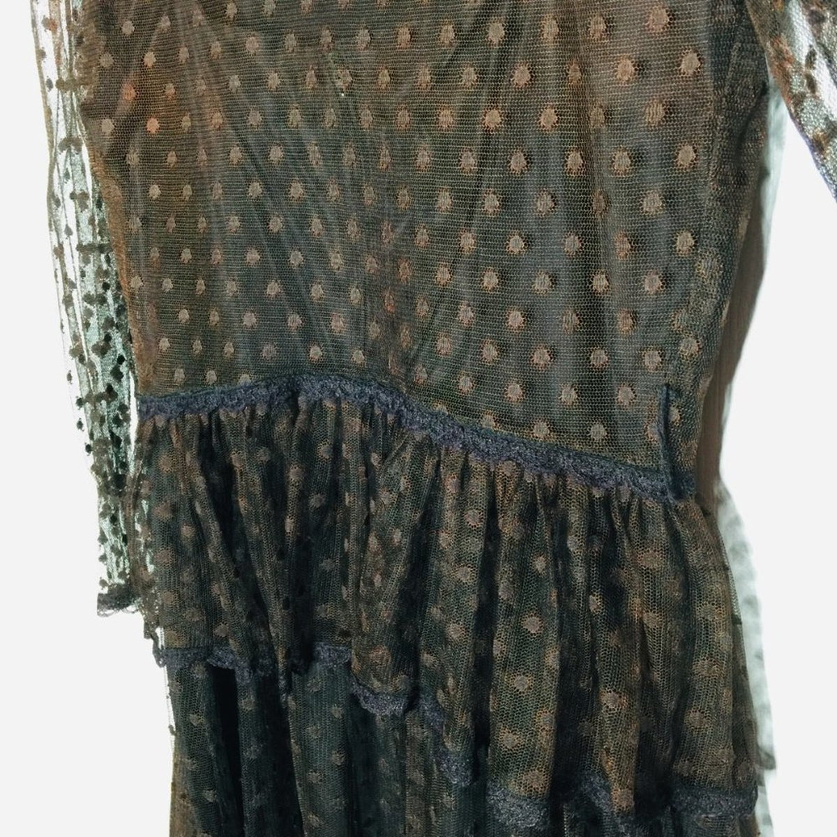 Brenner VINTAGE Sheer Dress Long Sleeve V-Neck Front Button Swiss Dot Lined New
