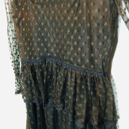 Brenner VINTAGE Sheer Dress Long Sleeve V-Neck Front Button Swiss Dot Lined New